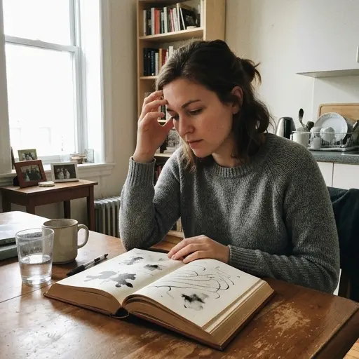 Persona reflexionando profundamente en casa mientras pausa la lectura de un libro grueso.