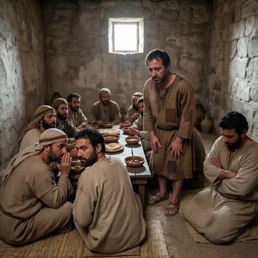 Hombres en una tensa cena bíblica observando a un hombre enfermo de hidropesía.