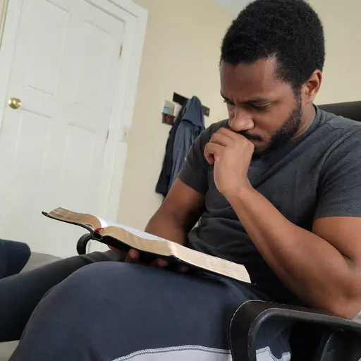 Persona pensativa leyendo una Biblia clásica de páginas delgadas en una habitación cotidiana.