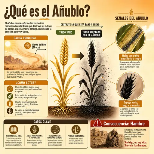 Infografía del añublo mostrando el proceso destructivo que seca y ennegrece el trigo.