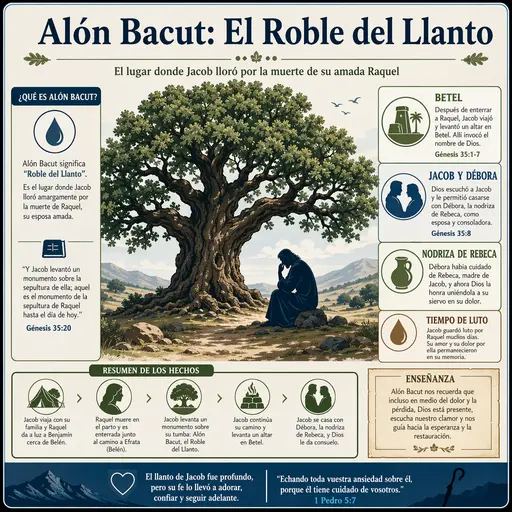 Infografía educativa sobre Alón Bacut mostrando un roble estilizado y Jacob de luto.