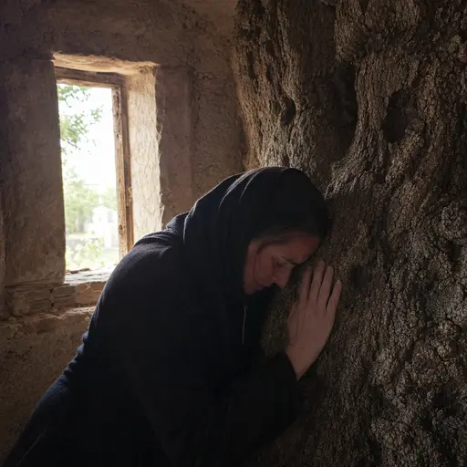 Persona llorando apoyada en el tronco de un roble antiguo, representando a Alón Bacut.