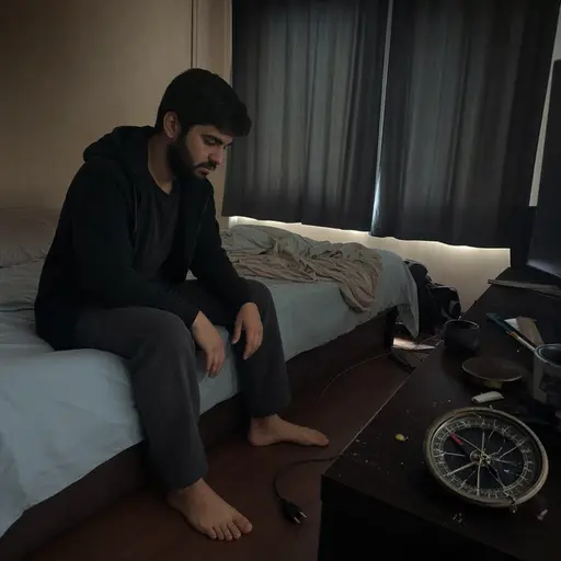 Persona apática sentada a oscuras en una cama junto a una brújula rota.