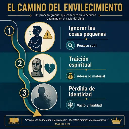 Infografía del camino del envilecimiento: etapas de decadencia espiritual, idolatría y pérdida de identidad.