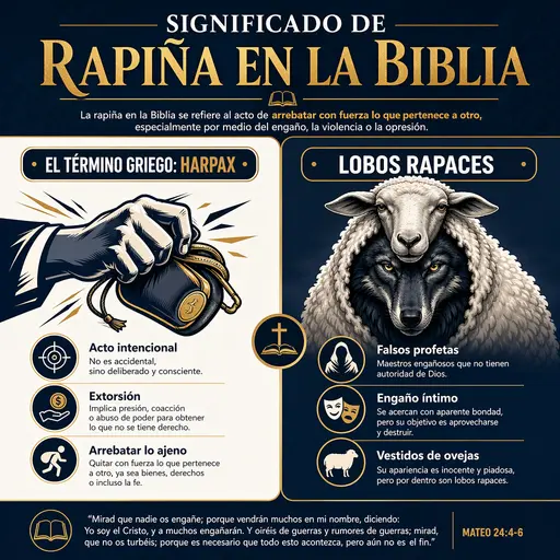 Infografía del significado bíblico de rapiña, el término griego harpax y los lobos rapaces.