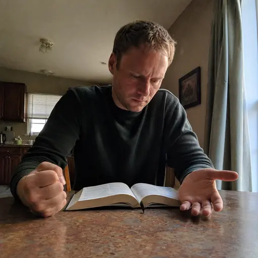 Persona pensativa leyendo un libro con un puño cerrado y la otra mano abierta.