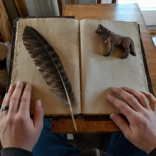 Manos sobre libro antiguo abierto con pluma de ave y figura de lobo de madera.
