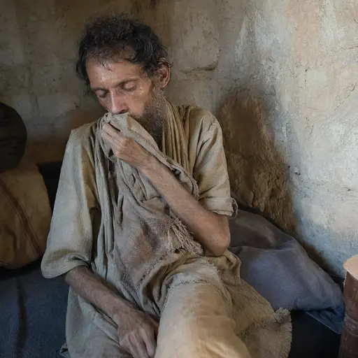 Hombre pálido y débil con ropas bíblicas tosiendo en un paño por la tisis.